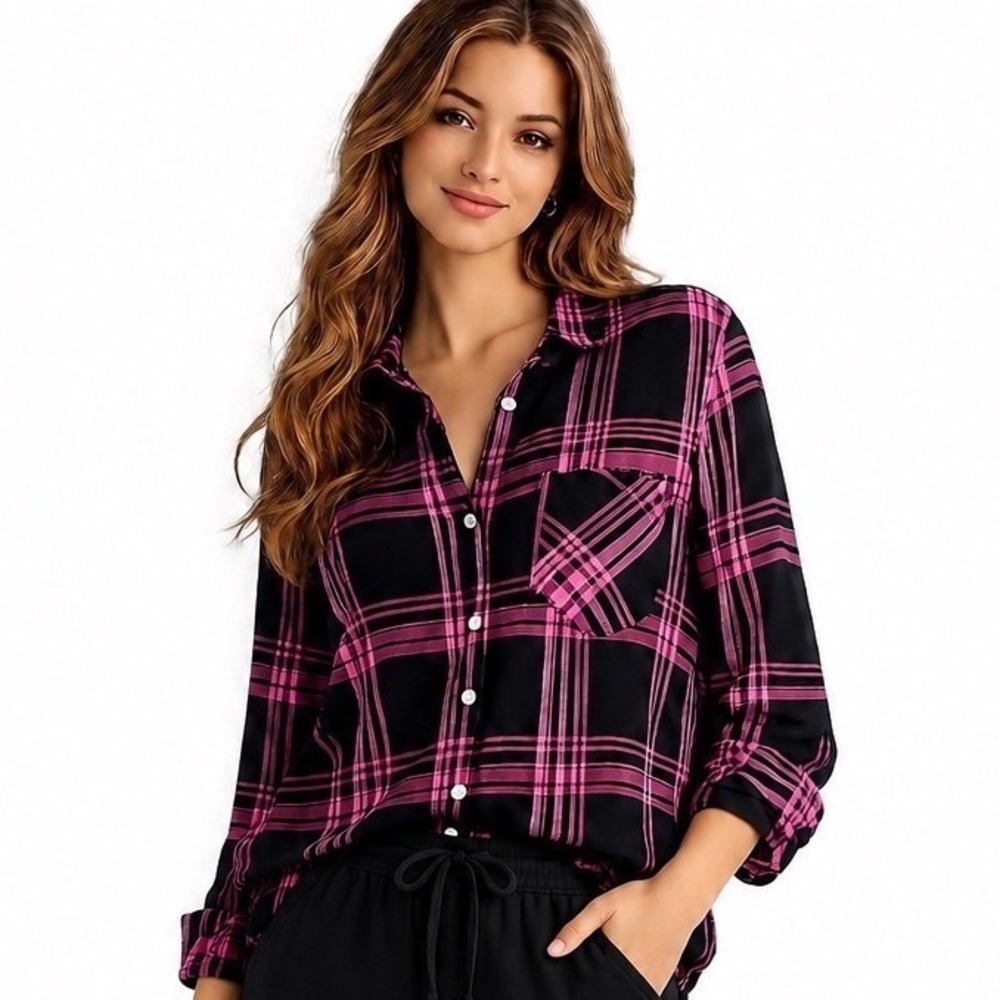 Victorias Secret Pajama Top XS Black Pink Plaid Metallic Button Down Flannel
